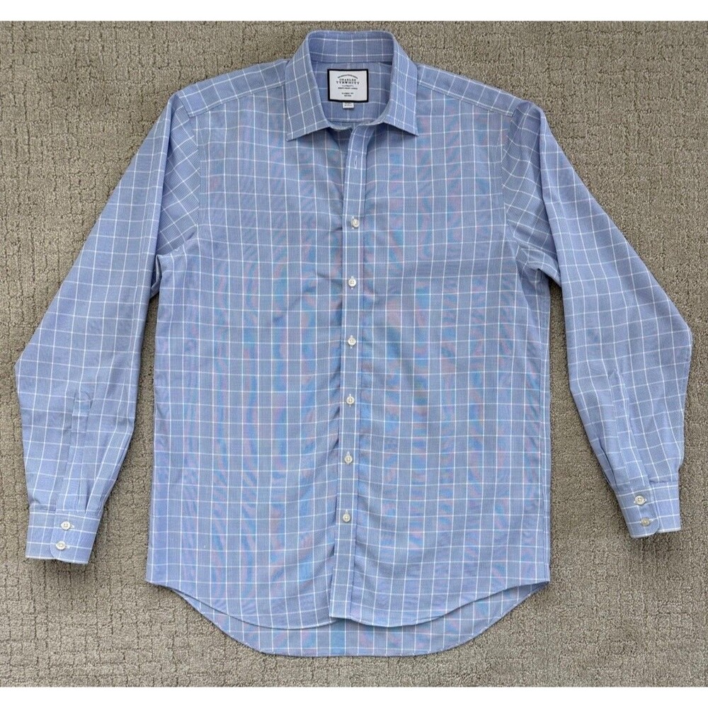 Charles Tyrwhitt Men’s 16/36 Classic Fit Blue Plaid Check Dress Shirt Cotton
